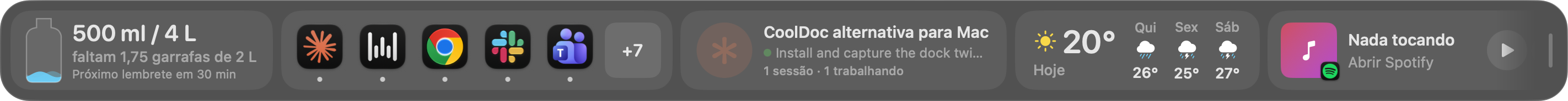 BestDock in a single row with a water tracker, app icons, Claude sessions, weather and now playing